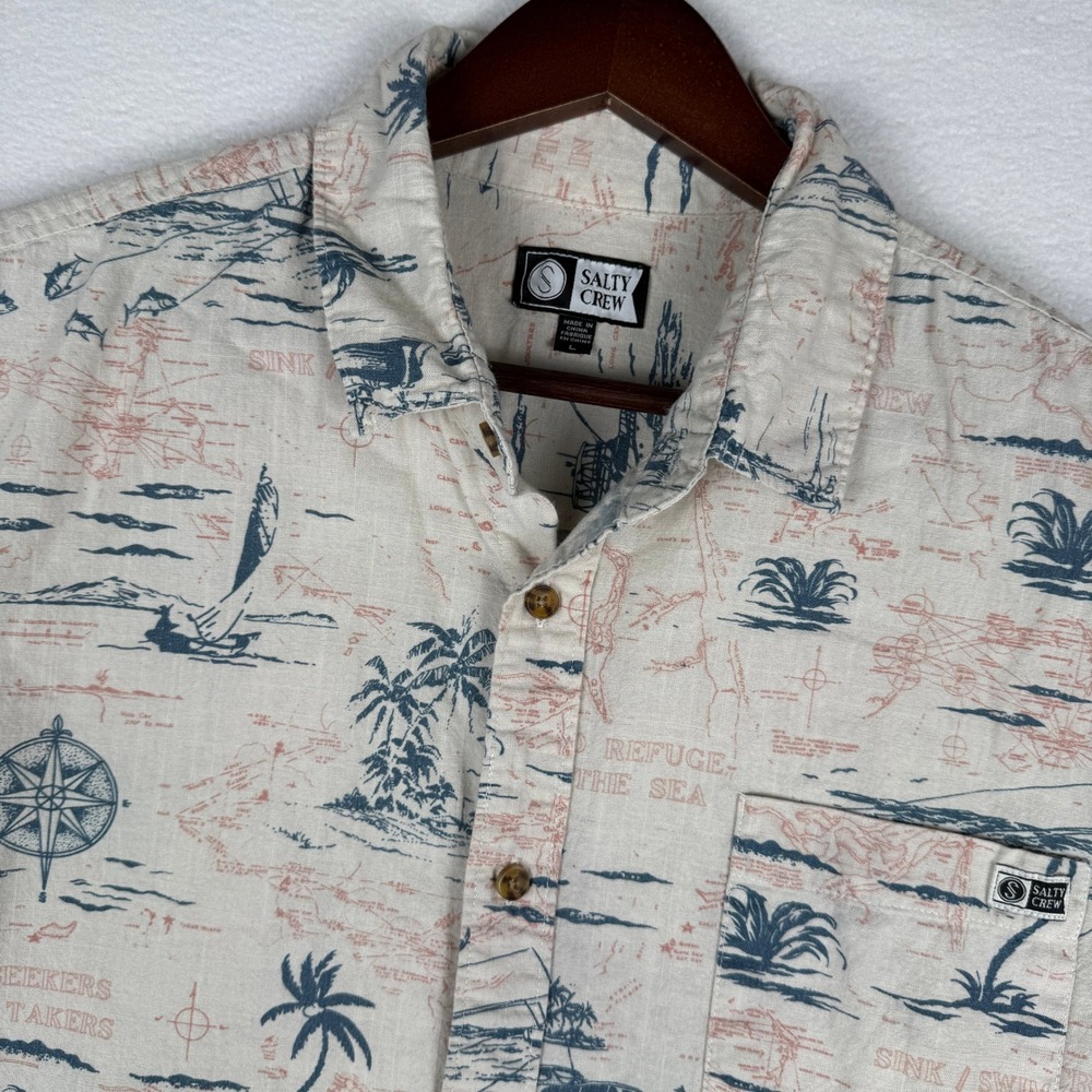 Salty Crew Mens L Cream Nautical Map Tropical AOP Short Sleeve Button Down Shirt